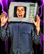 Man with head in a microwave oven. Are you microwaving your brain with your cell phone?