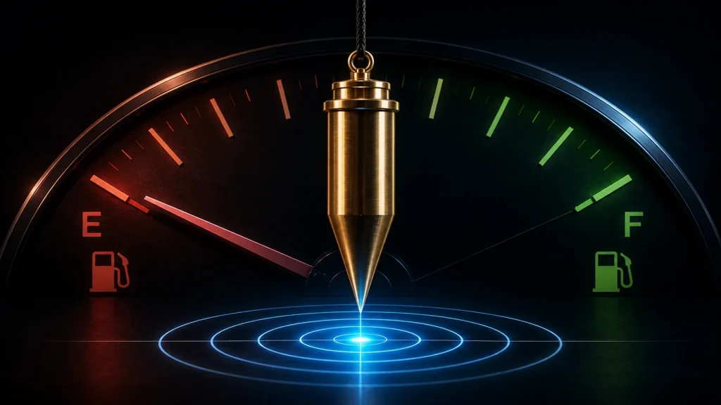 Reduce Dowsing Errors with Precise Questions: Pendulum hovering over gas gauge between empty and full.