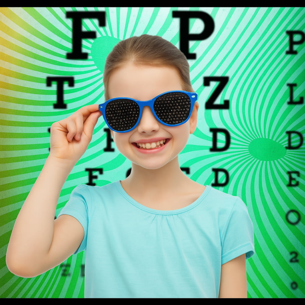 Girl wearing kid's style pinhole glasses.