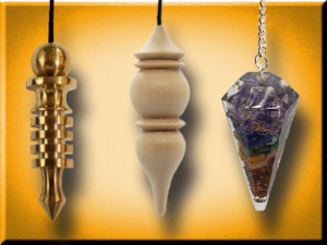 Brass Isis pendulum, Beech Wood Doppelmermet pendulum and Orgone Chakra layered crystal pendulum