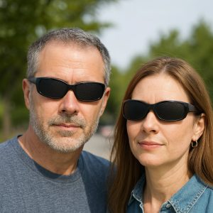 Couple Wearing Unisex Sports Style Pinhole Glasses for Far and Nearsighted Vision.