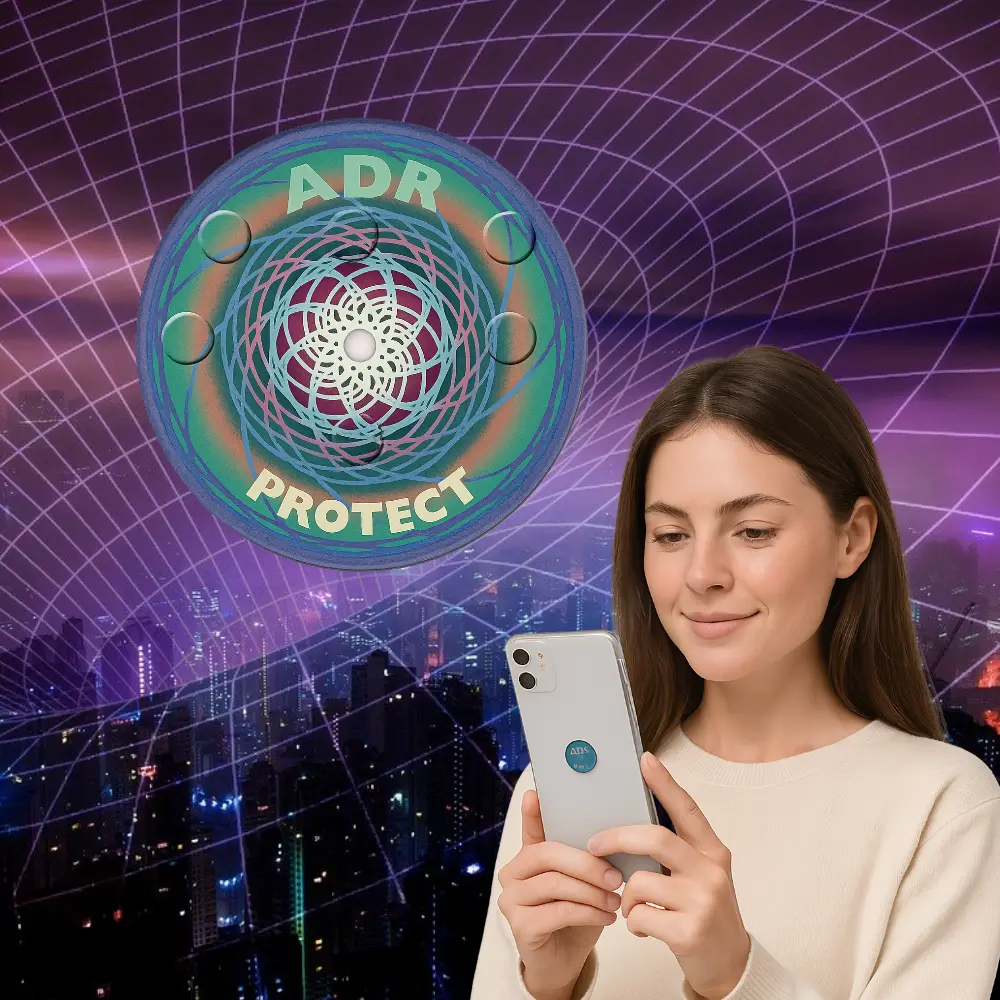 Understanding EMFs and EMF Protection Tools 2 EMF protection tools with the ADR Protect Disc on Mobile Phone.