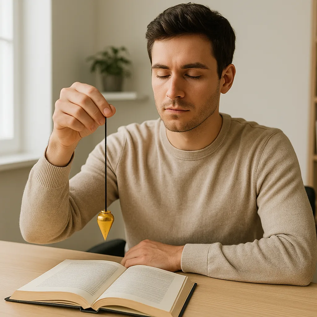 Understanding Pendulums and Dowsing Rods 1 Understanding pendulums and dowsing rods. Man dowsing with teardrop pendulum.