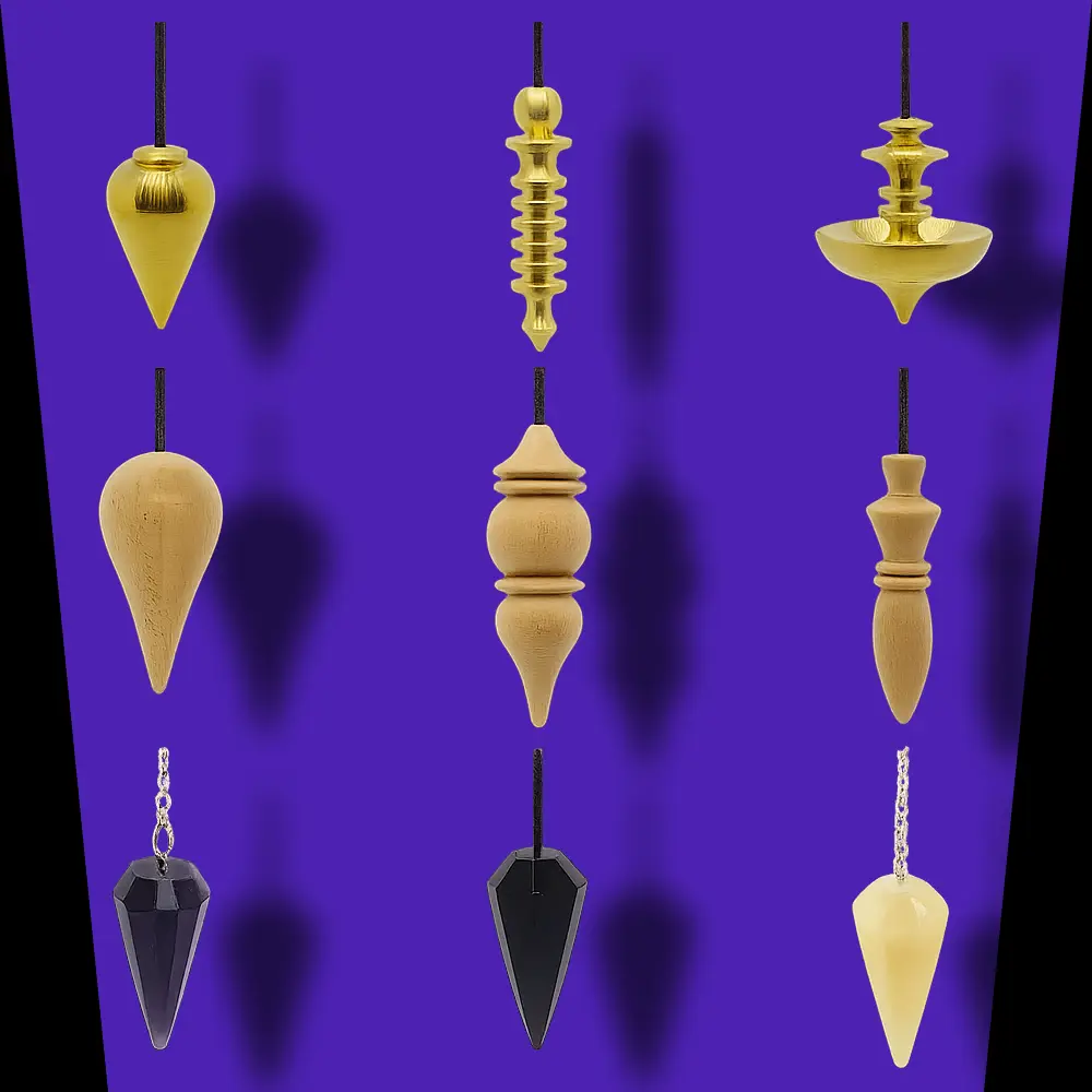Pendulum Display 02 - Brass, Wood and Crystal Pendulums.